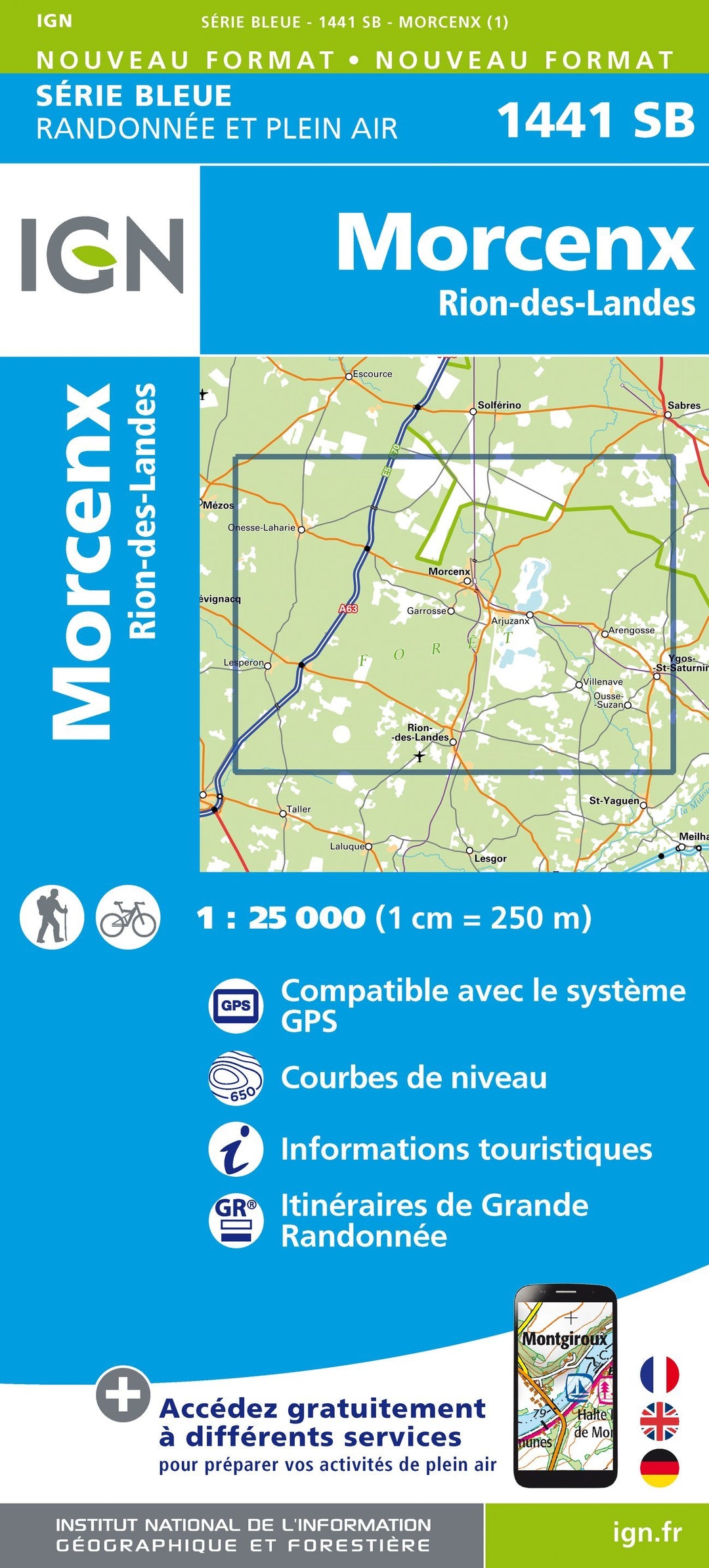 Carte de randonnée n° 1441 - Morcenx, Rion-des-Landes | IGN - Série Bleue carte pliée IGN 