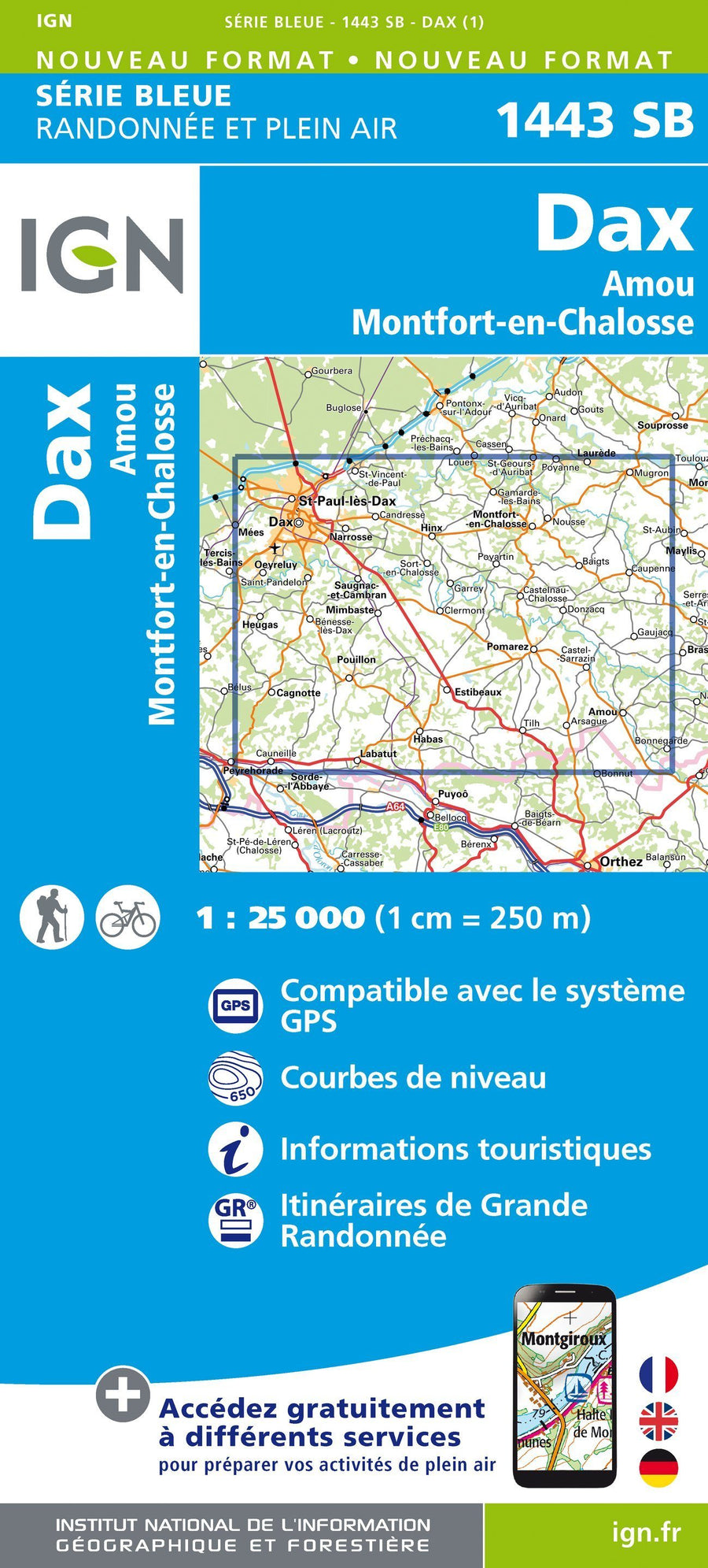 Carte de randonnée n° 1443 - Dax, Amou, Montfort-en-Chalosse | IGN - Série Bleue carte pliée IGN 