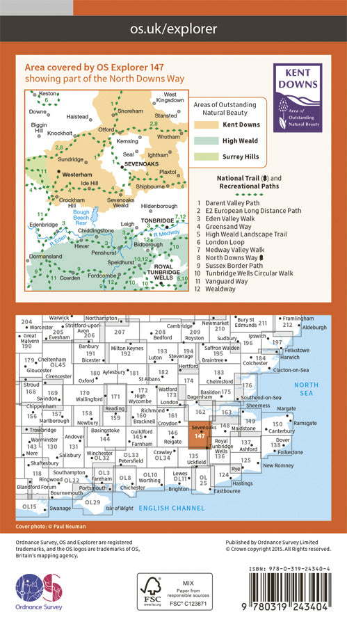 Carte de randonnée n° 147 - Sevenoaks, Tonbridge (Grande Bretagne) | Ordnance Survey - Explorer carte pliée Ordnance Survey Papier 