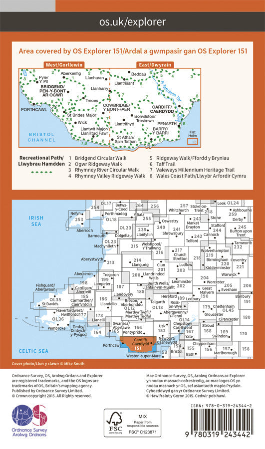 Carte de randonnée n° 151 - Cardiff, Bridgend (Grande Bretagne) | Ordnance Survey - Explorer carte pliée Ordnance Survey Papier 