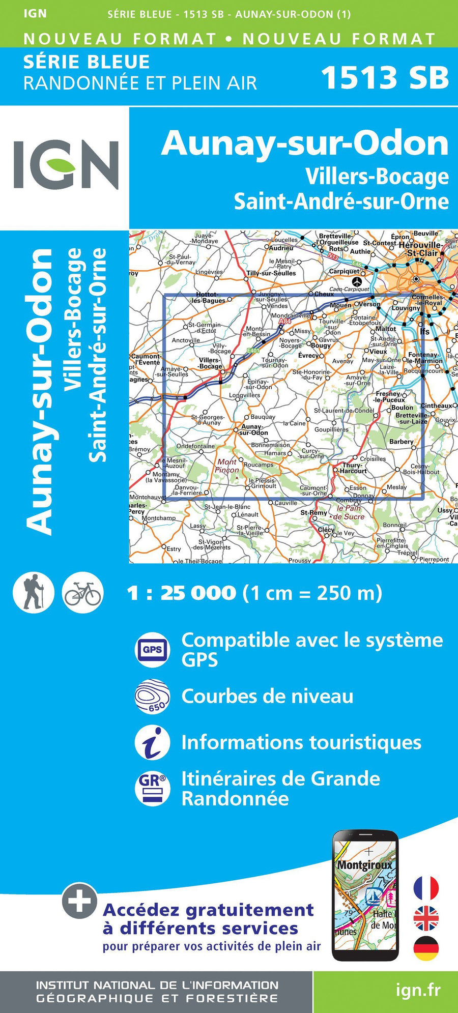 Carte de randonnée n° 1513 - Aunay-sur-Odon, Villers-Bocage | IGN - Série Bleue carte pliée IGN 