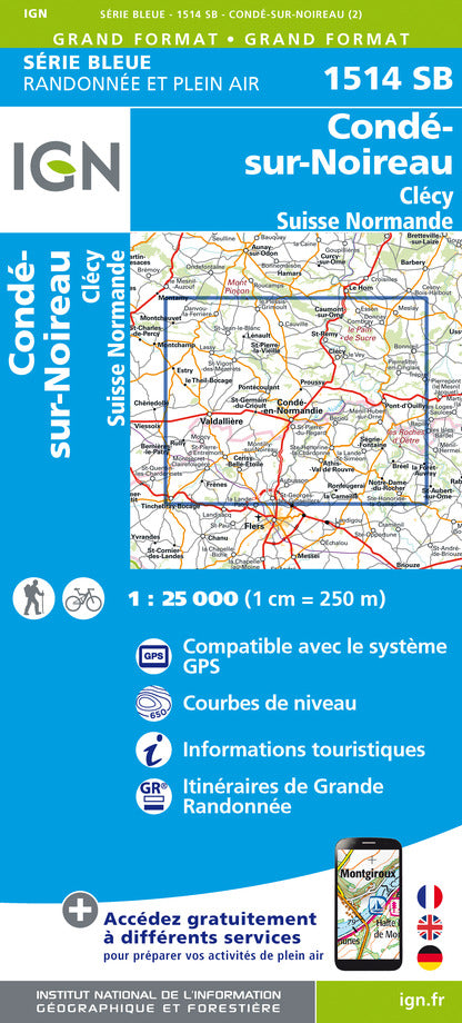 Carte de randonnée n° 1514 - Condé-sur-Noireau, Clécy, Suisse Normande | IGN - Série Bleue carte pliée IGN 