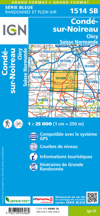 Carte de randonnée n° 1514 - Condé-sur-Noireau, Clécy, Suisse Normande | IGN - Série Bleue carte pliée IGN 