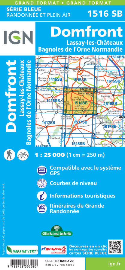Carte de randonnée n° 1516 - Domfront, Lassay-les-Châteaux, Bagnoles-de-l'Orne | IGN - Série Bleue carte pliée IGN 