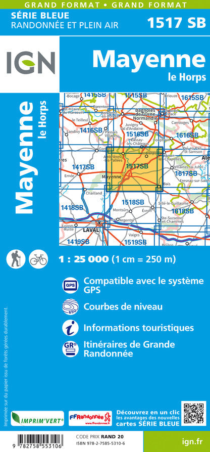 Carte de randonnée n° 1517 - Mayenne, Le Horps | IGN - Série Bleue carte pliée IGN 