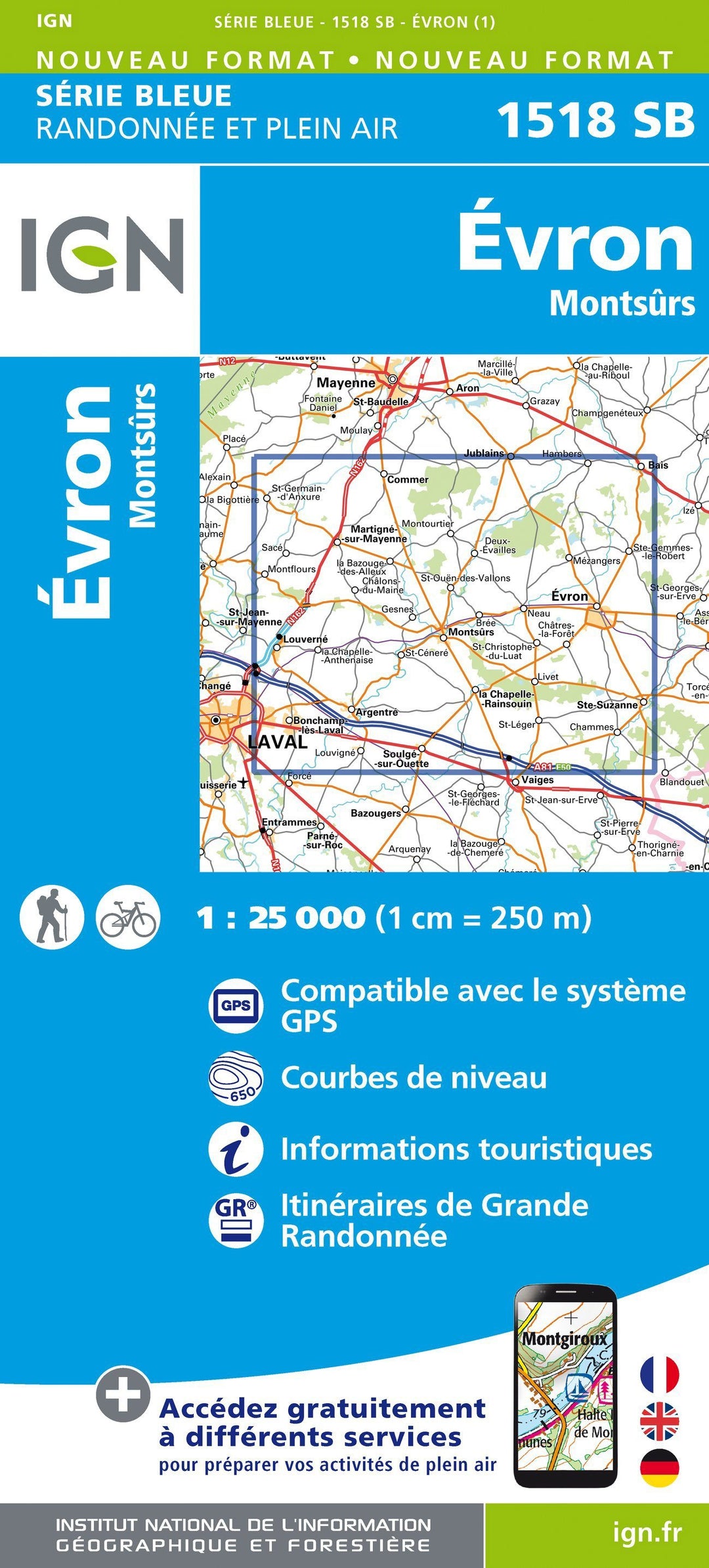 Carte de randonnée n° 1518 - Evron, Montsûrs | IGN - Série Bleue carte pliée IGN 