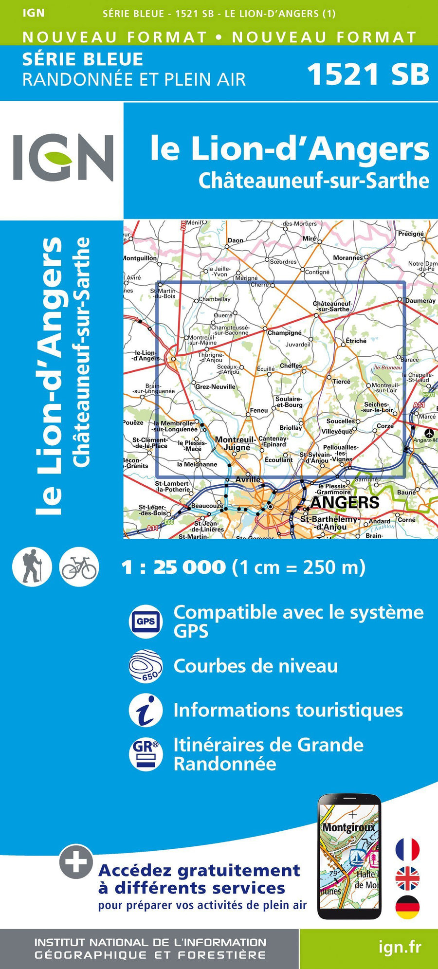 Carte de randonnée n° 1521 - Le Lion-d'Angers, Châteauneuf-sur-Sarthe | IGN - Série Bleue carte pliée IGN 