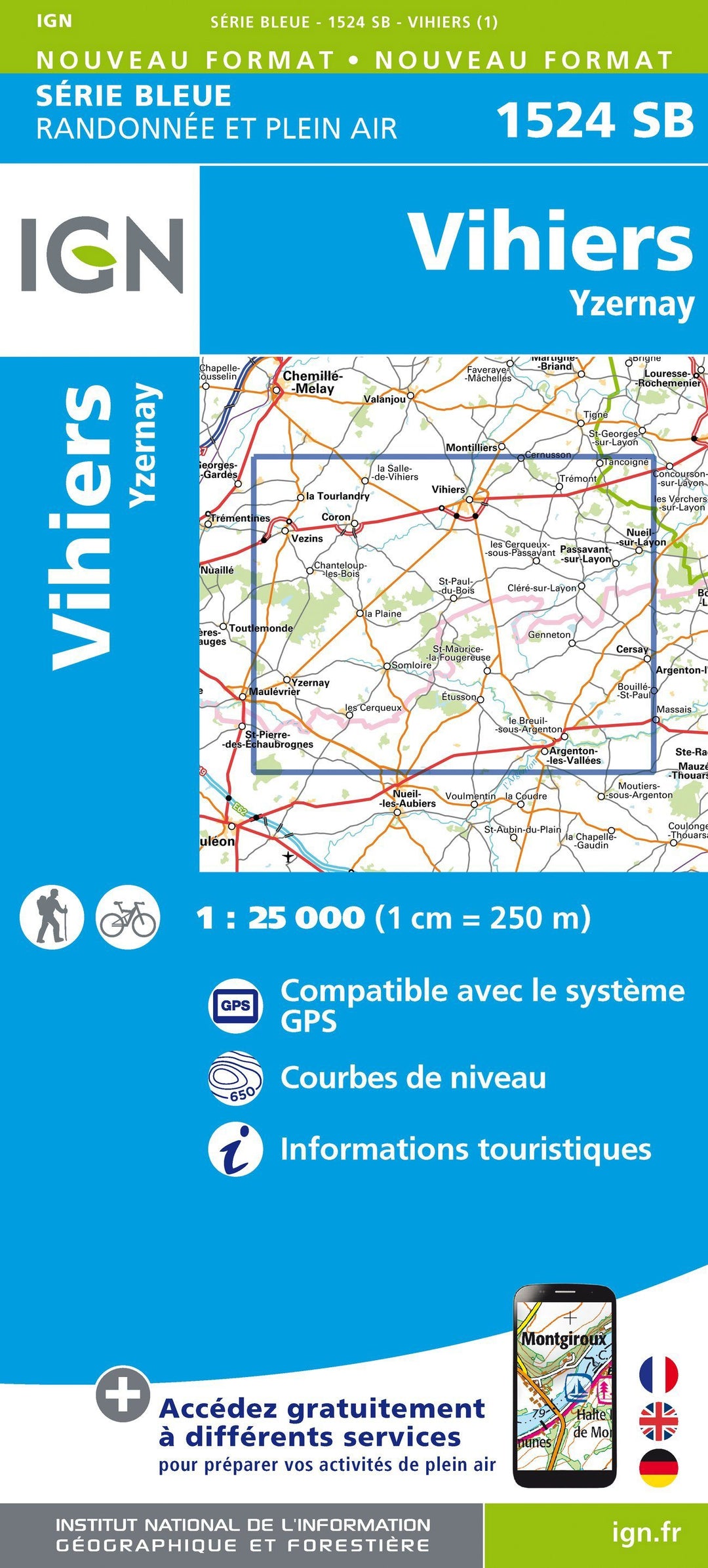 Carte de randonnée n° 1524 - Vihiers, Yzernay | IGN - Série Bleue carte pliée IGN 