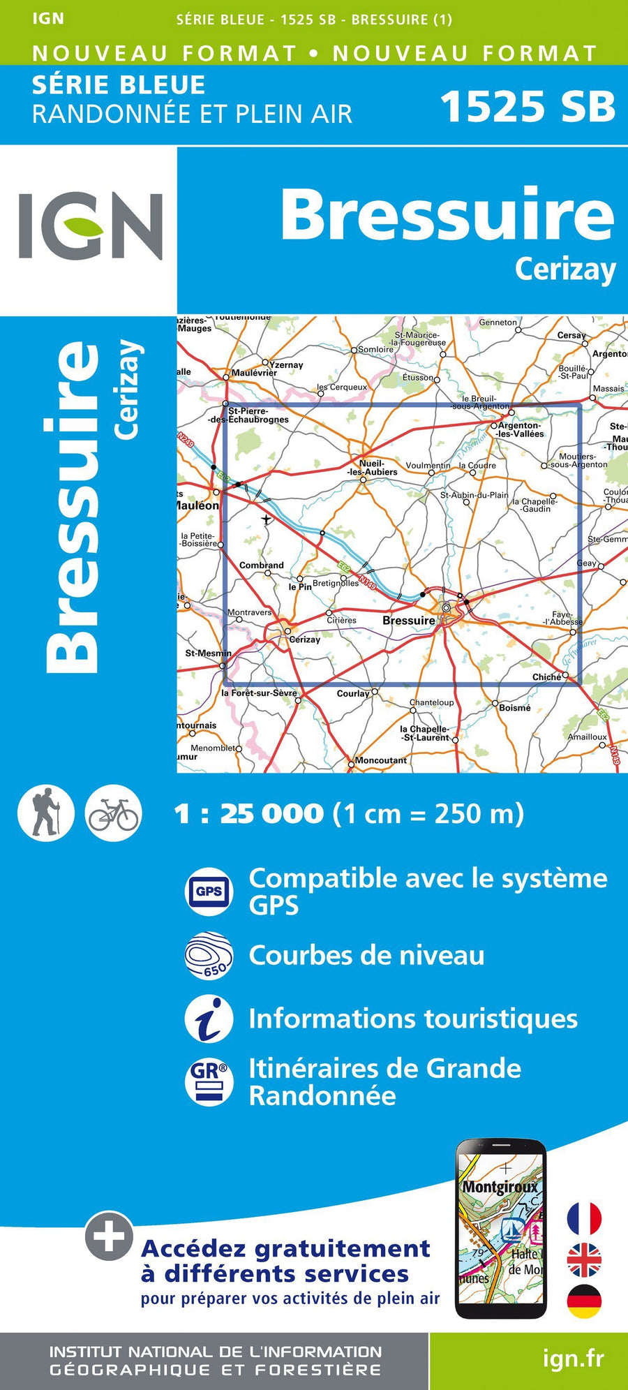 Carte de randonnée n° 1525 - Bressuire, Cerizay | IGN - Série Bleue carte pliée IGN 