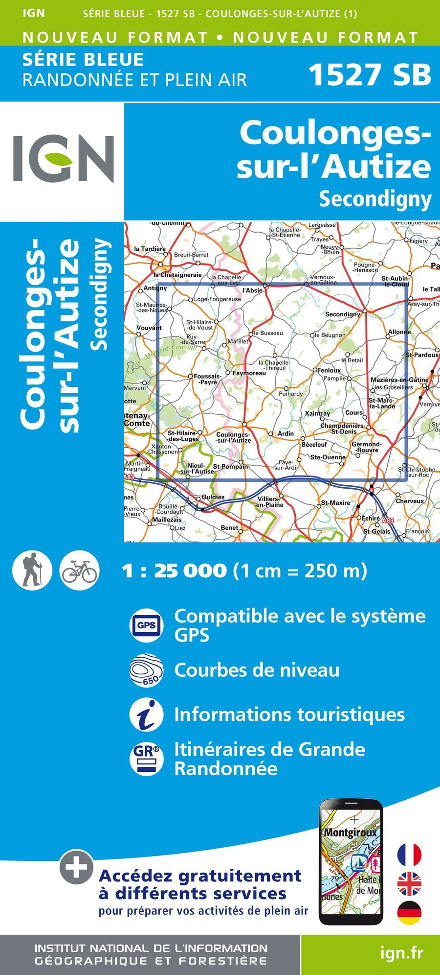 Carte de randonnée n° 1527 - Coulonges-sur-l'Autize, Secondigny | IGN - Série Bleue carte pliée IGN 