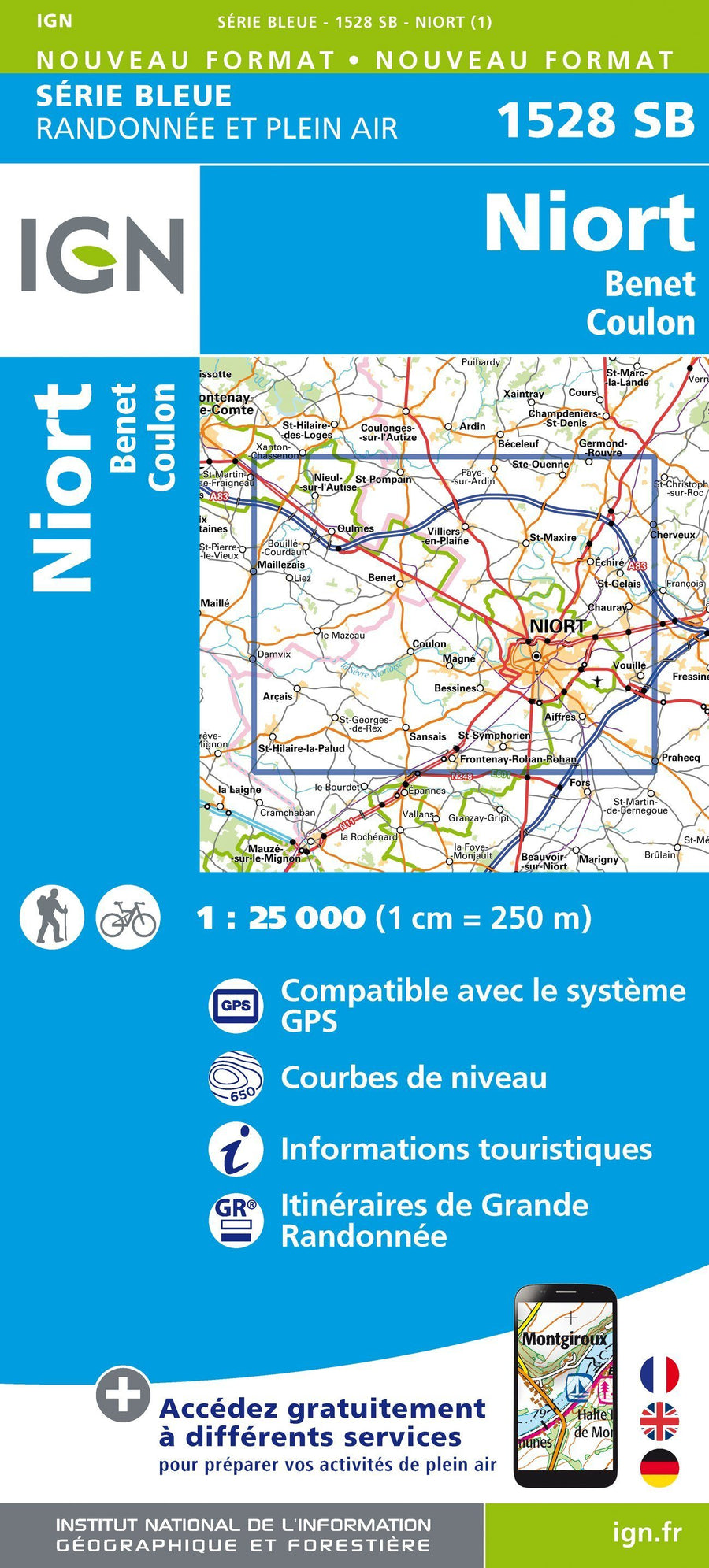 Carte de randonnée n° 1528 - Niort, Benet, Coulon | IGN - Série Bleue carte pliée IGN 