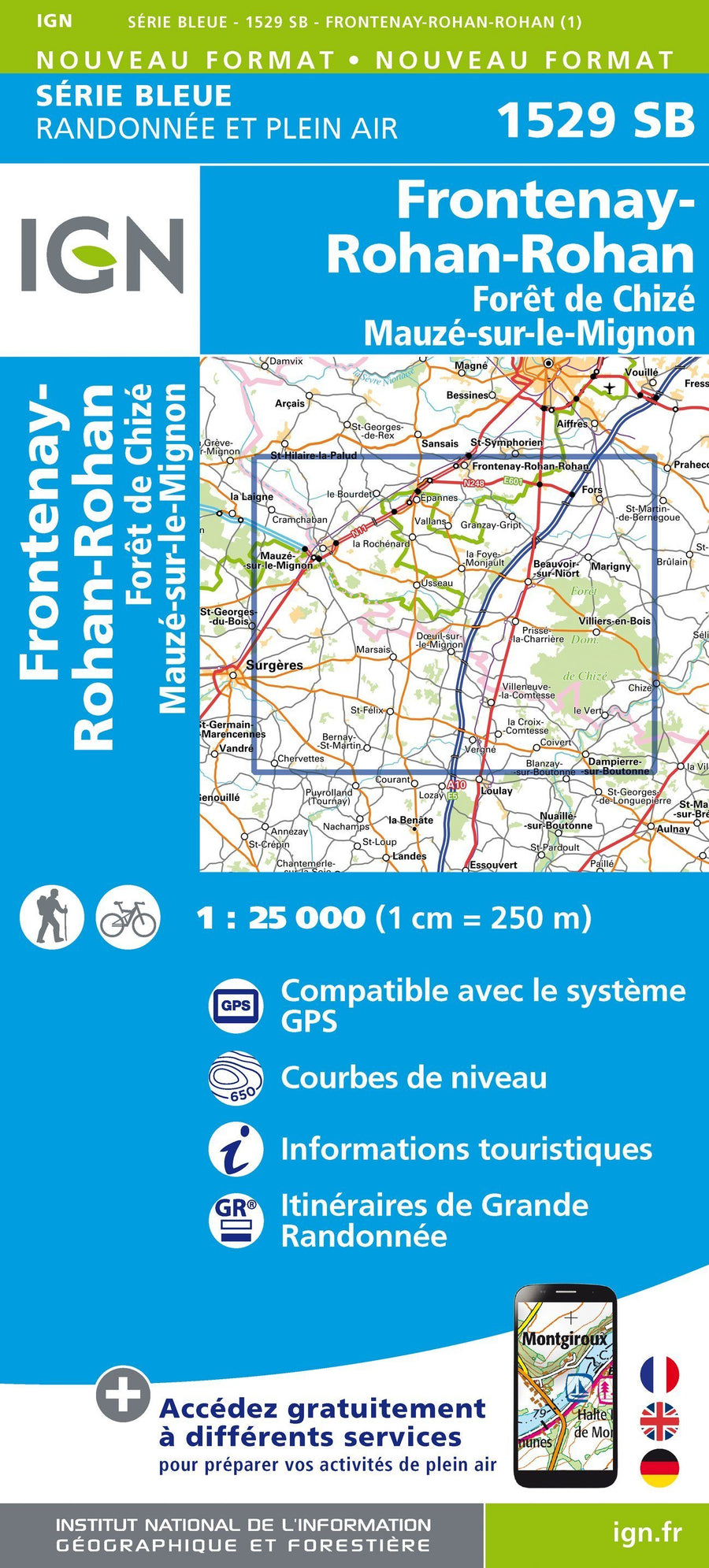 Carte de randonnée n° 1529 - Frontenay-Rohan, Forêt de Chizé /Mauzé-sur-le-Mignon | IGN - Série Bleue carte pliée IGN 