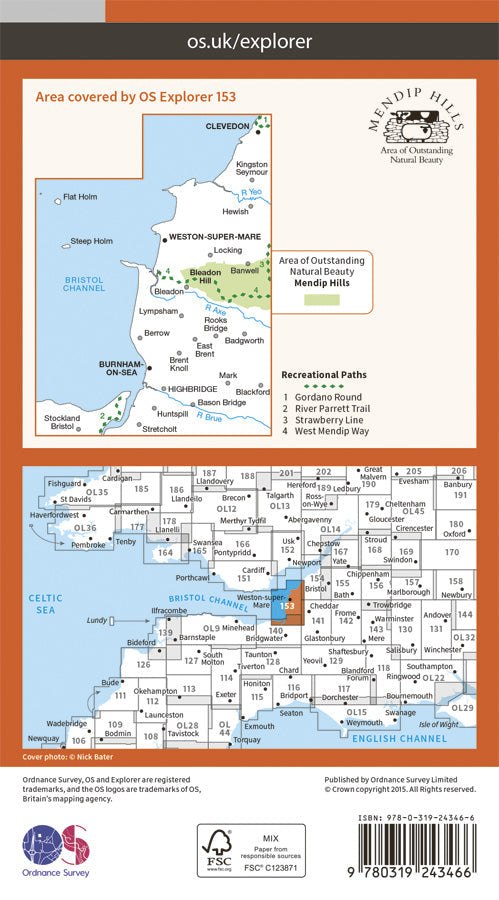 Carte de randonnée n° 153 - Weston-super-Mare, Bleadon Hill (Grande Bretagne) | Ordnance Survey - Explorer carte pliée Ordnance Survey Papier 