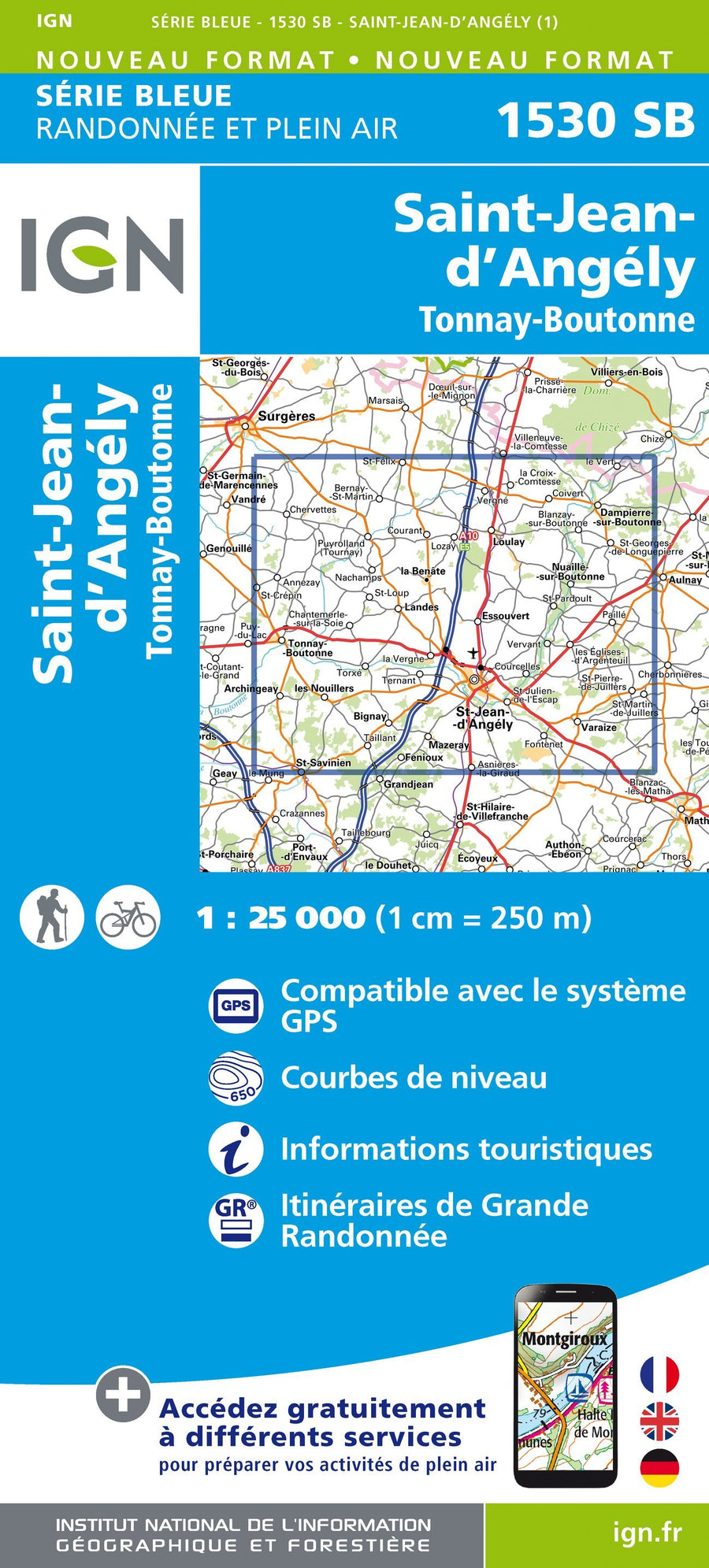 Carte de randonnée n° 1530 - St-Jean-d'Angély, Tonnay-Boutonne | IGN - Série Bleue carte pliée IGN 