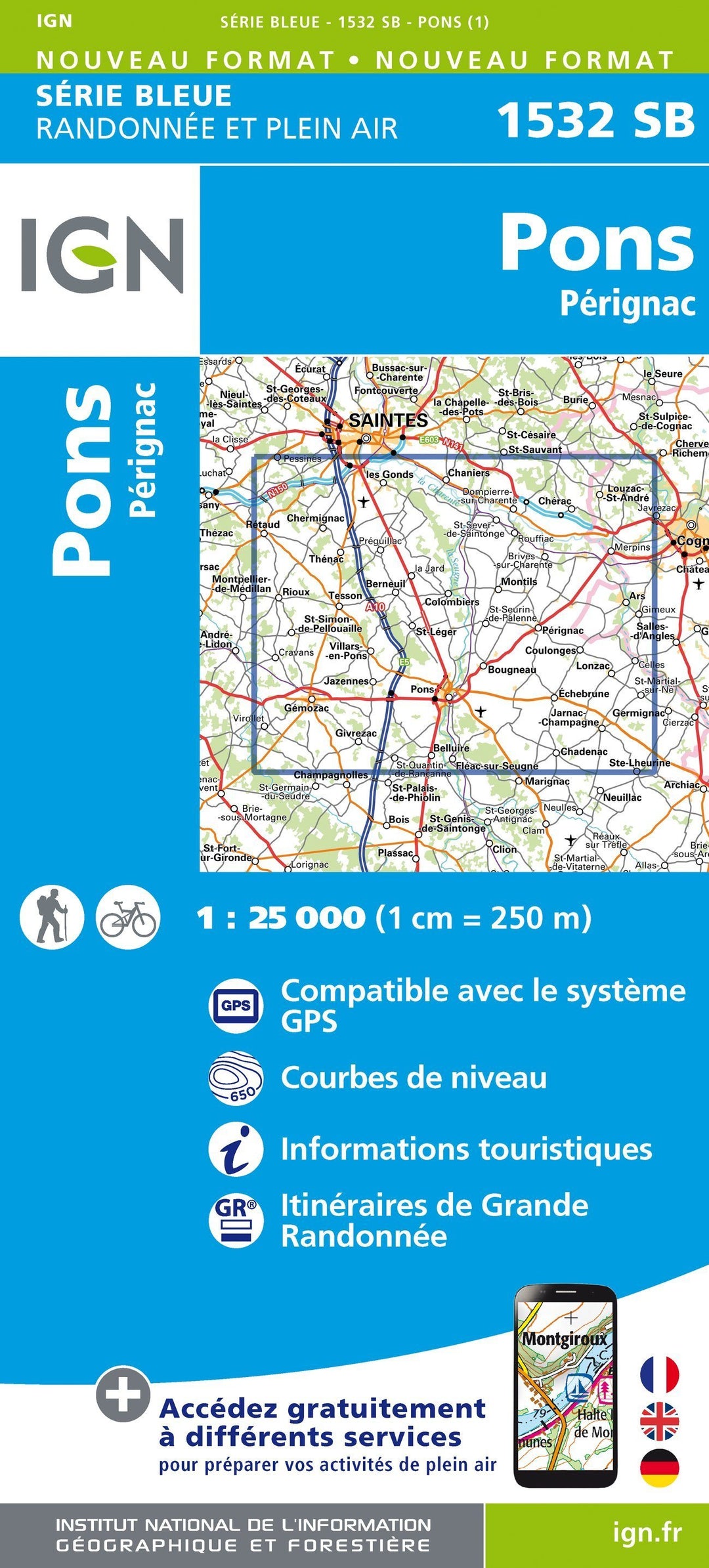 Carte de randonnée n° 1532 - Pons, Pérignac | IGN - Série Bleue carte pliée IGN 