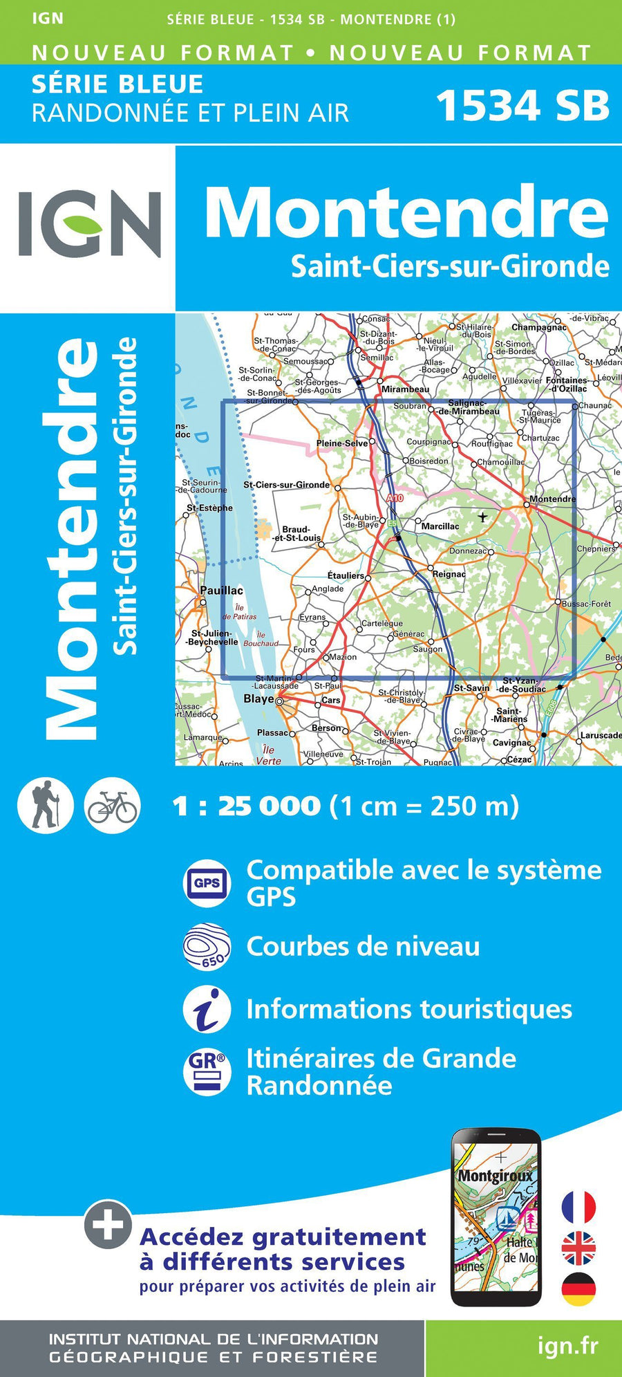 Carte de randonnée n° 1534 - Montendre, St-Ciers-sur-Gironde | IGN - Série Bleue carte pliée IGN 