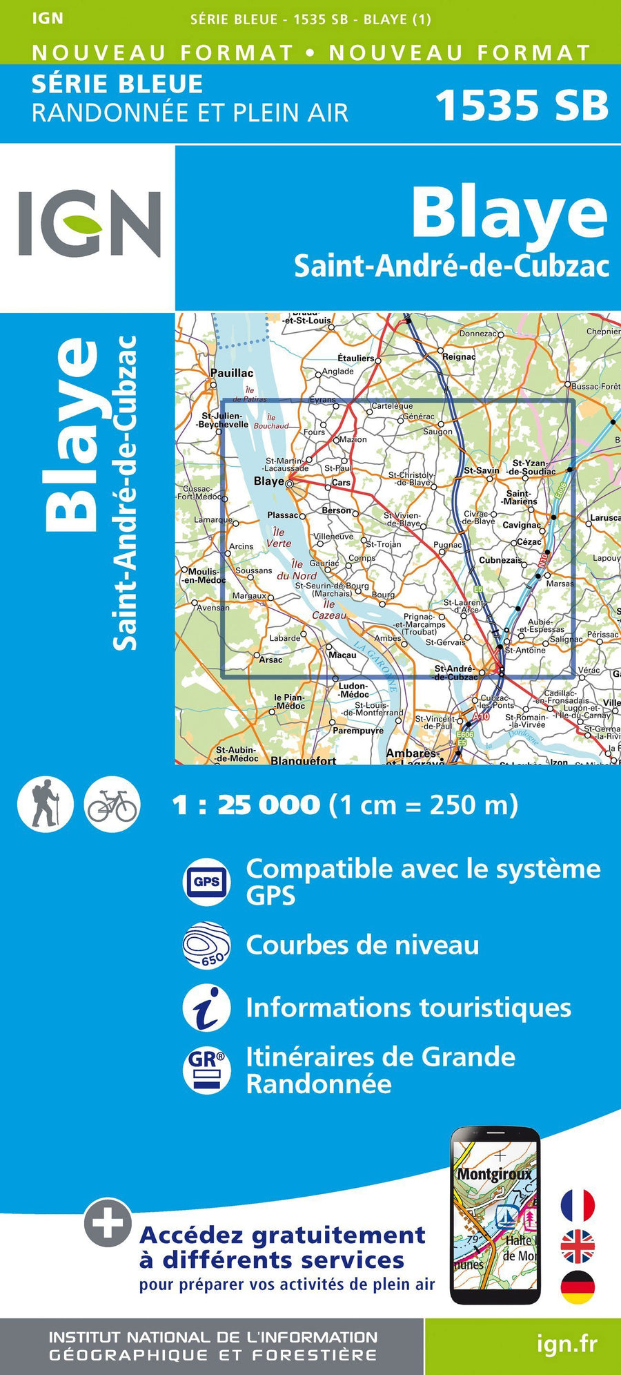 Carte de randonnée n° 1535 - Blaye, St-André-de-Cubzac | IGN - Série Bleue carte pliée IGN 