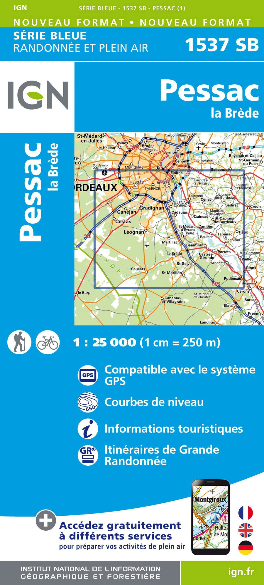 Carte de randonnée n° 1537 - Pessac, La Brède | IGN - Série Bleue carte pliée IGN 