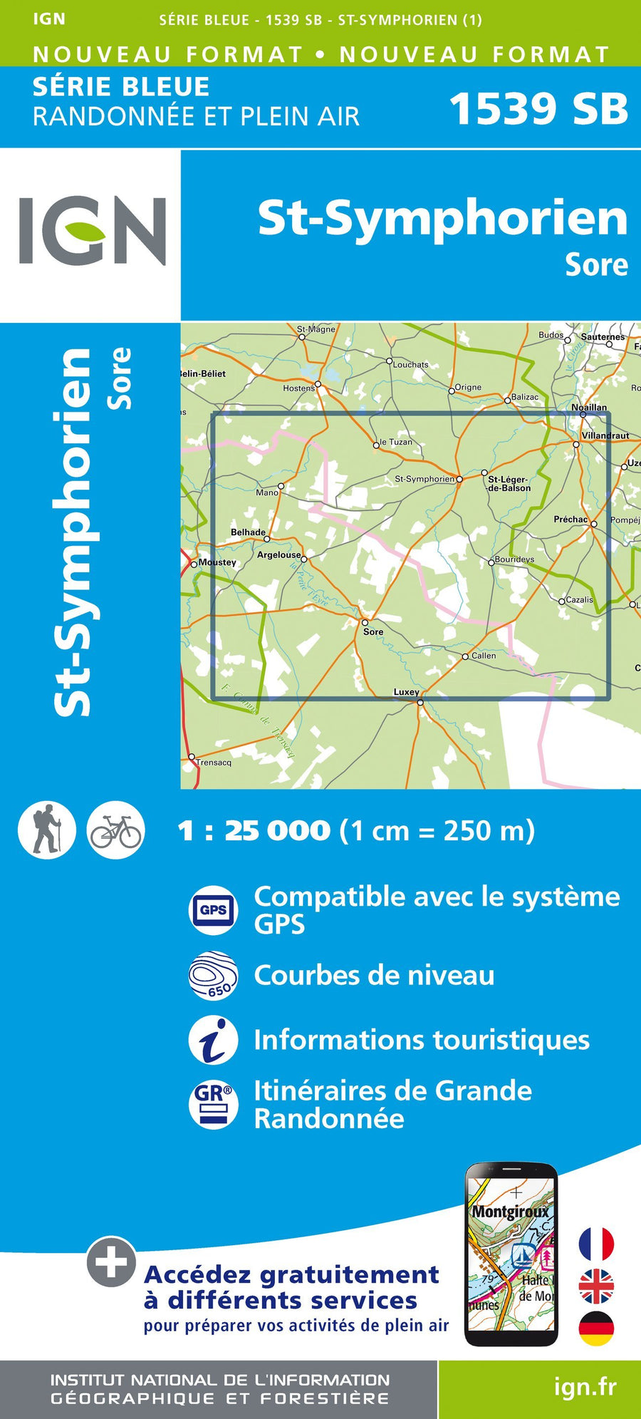 Carte de randonnée n° 1539 - St-Symphorien, Sore | IGN - Série Bleue carte pliée IGN 