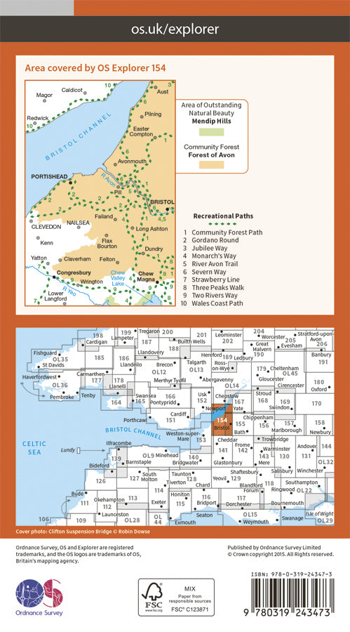 Carte de randonnée n° 154 - Bristol West, Portishead (Grande Bretagne) | Ordnance Survey - Explorer carte pliée Ordnance Survey Papier 