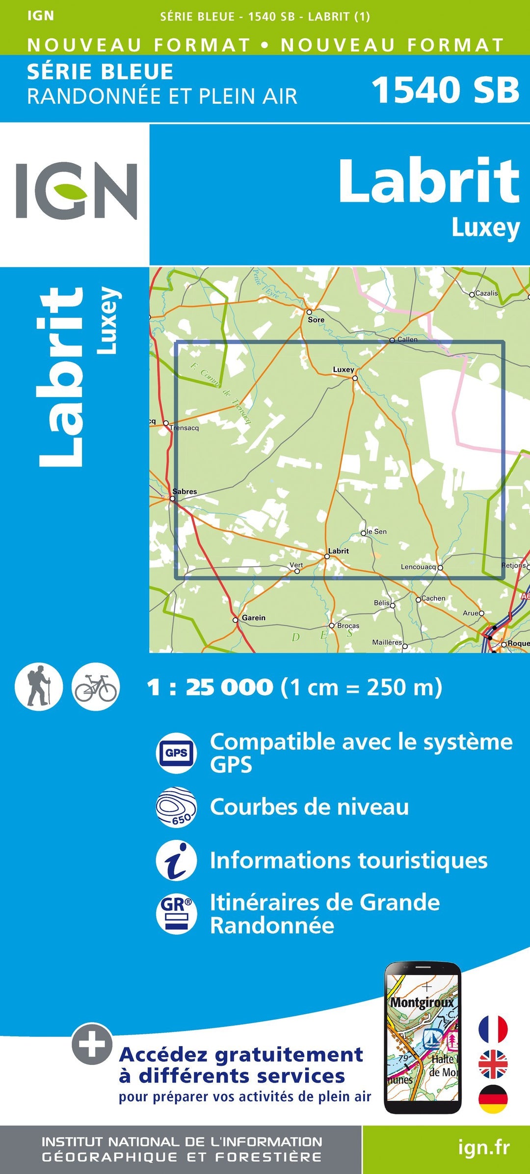 Carte de randonnée n° 1540 - Labrit, Luxey | IGN - Série Bleue carte pliée IGN 