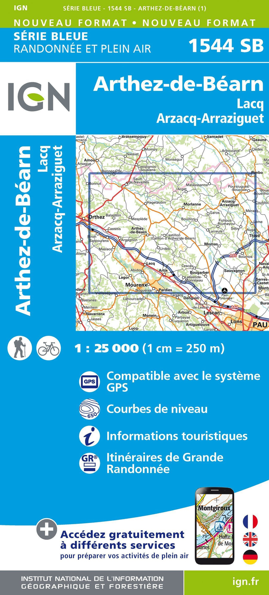 Carte de randonnée n° 1544 - Arthez-de-Béarn, Lacq, Arzacq-Arraziguet | IGN - Série Bleue carte pliée IGN 