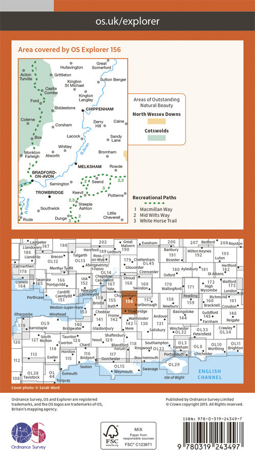 Carte de randonnée n° 156 - Chippenham, Bradford-on-Avon (Grande Bretagne) | Ordnance Survey - Explorer carte pliée Ordnance Survey Papier 