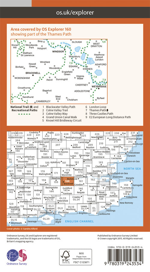 Carte de randonnée n° 160 - Windsor, Weybridge, Bracknell (Grande Bretagne) | Ordnance Survey - Explorer carte pliée Ordnance Survey Papier 