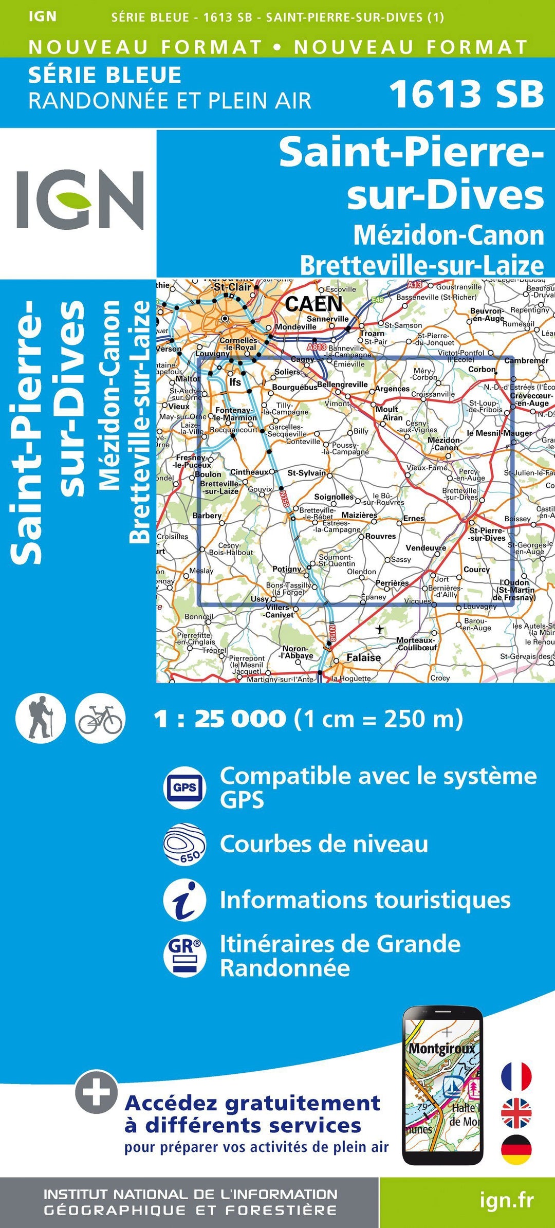 Carte de randonnée n° 1613 - St-Pierre-Dives, Mézidon, Bretteville-sur-Laize | IGN - Série Bleue carte pliée IGN 