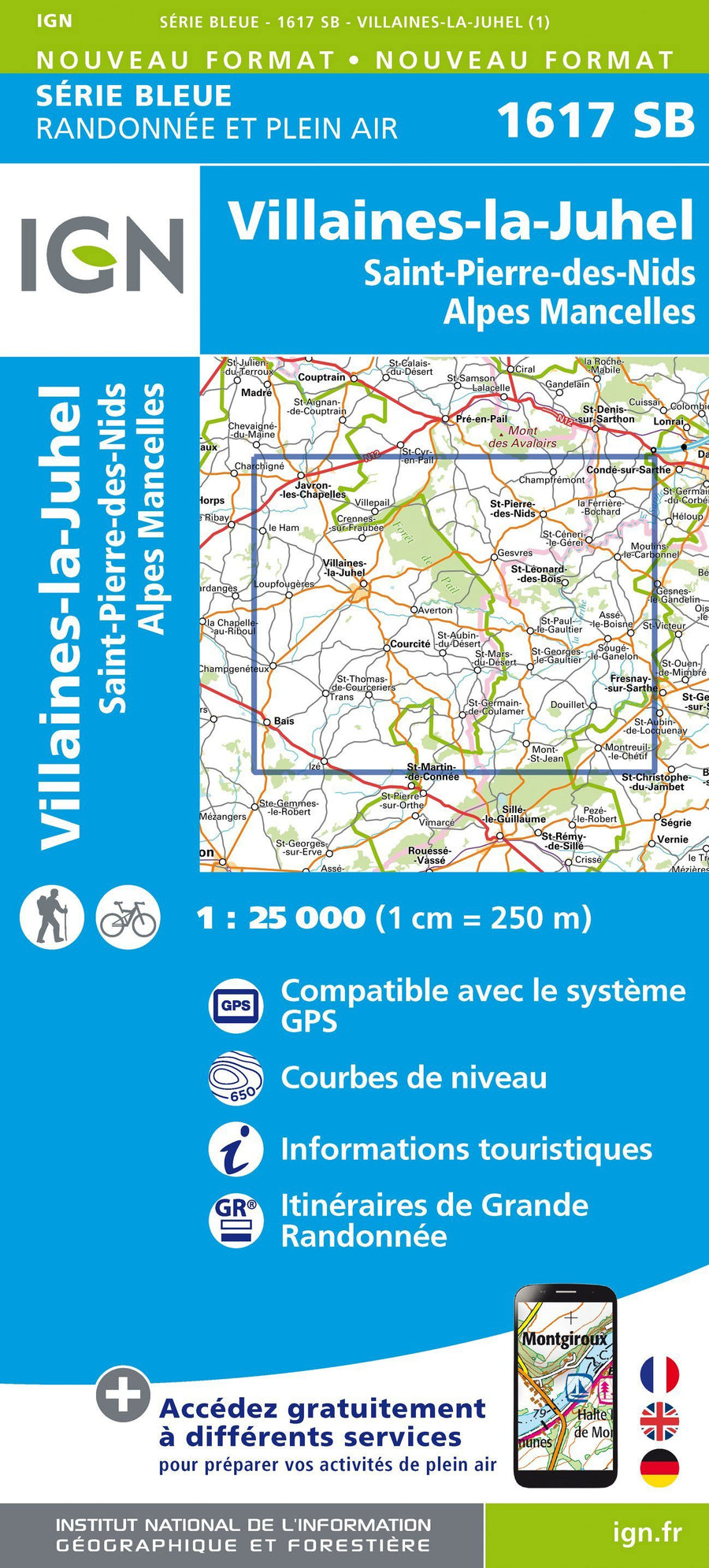 Carte de randonnée n° 1617 - Villaines-la-Juhel, St-Pierre-des-Nids, Alpes Mancelles | IGN - Série Bleue carte pliée IGN 