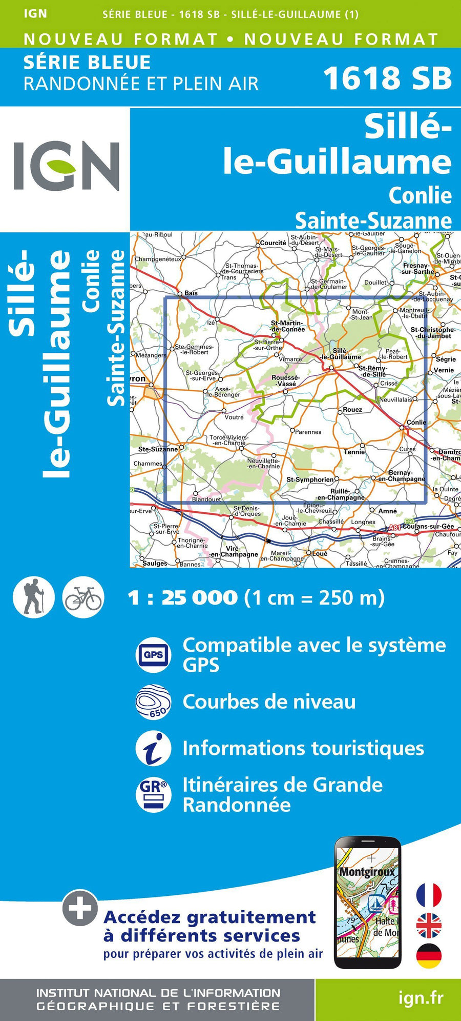 Carte de randonnée n° 1618 - Sillé-le-Guillaume, Conlie, Ste-Suzanne | IGN - Série Bleue carte pliée IGN 