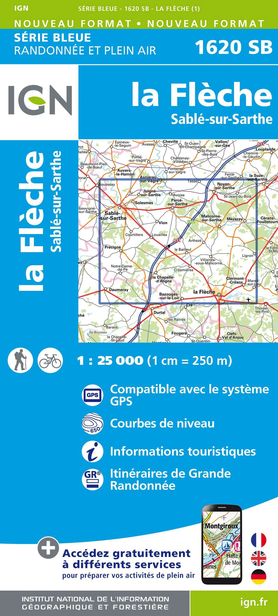 Carte de randonnée n° 1620 - La Flèche, Sablé-sur-Sarthe | IGN - Série Bleue carte pliée IGN 