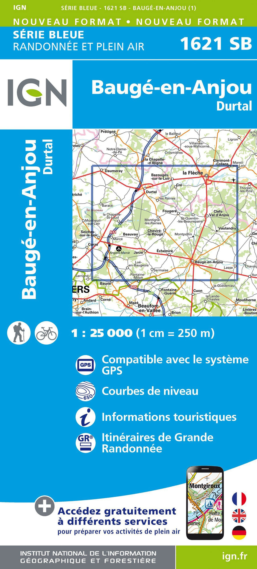 Carte de randonnée n° 1621 - Baugé-en-Anjou, Durtal | IGN - Série Bleue carte pliée IGN 