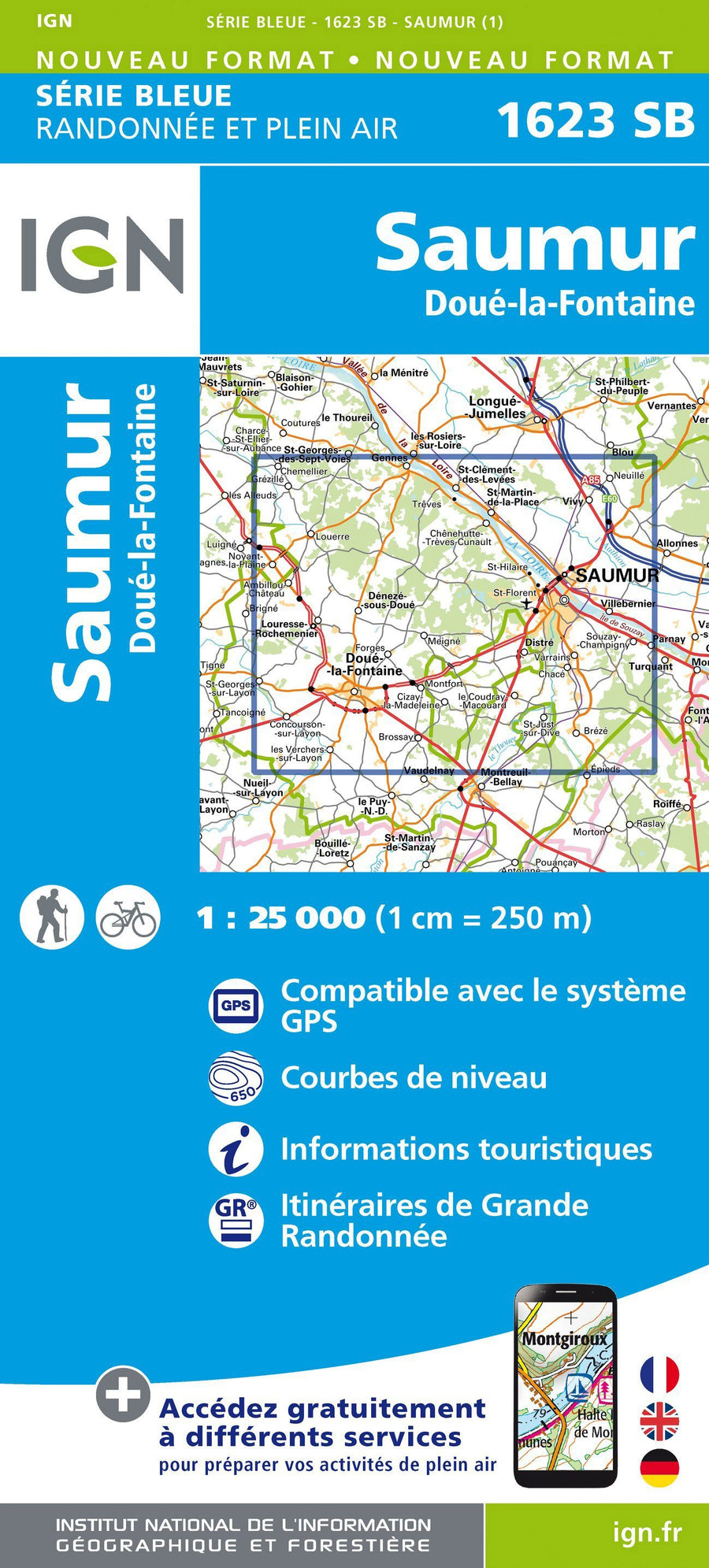 Carte de randonnée n° 1623 - Saumur, Doué-la-Fontaine | IGN - Série Bleue carte pliée IGN 