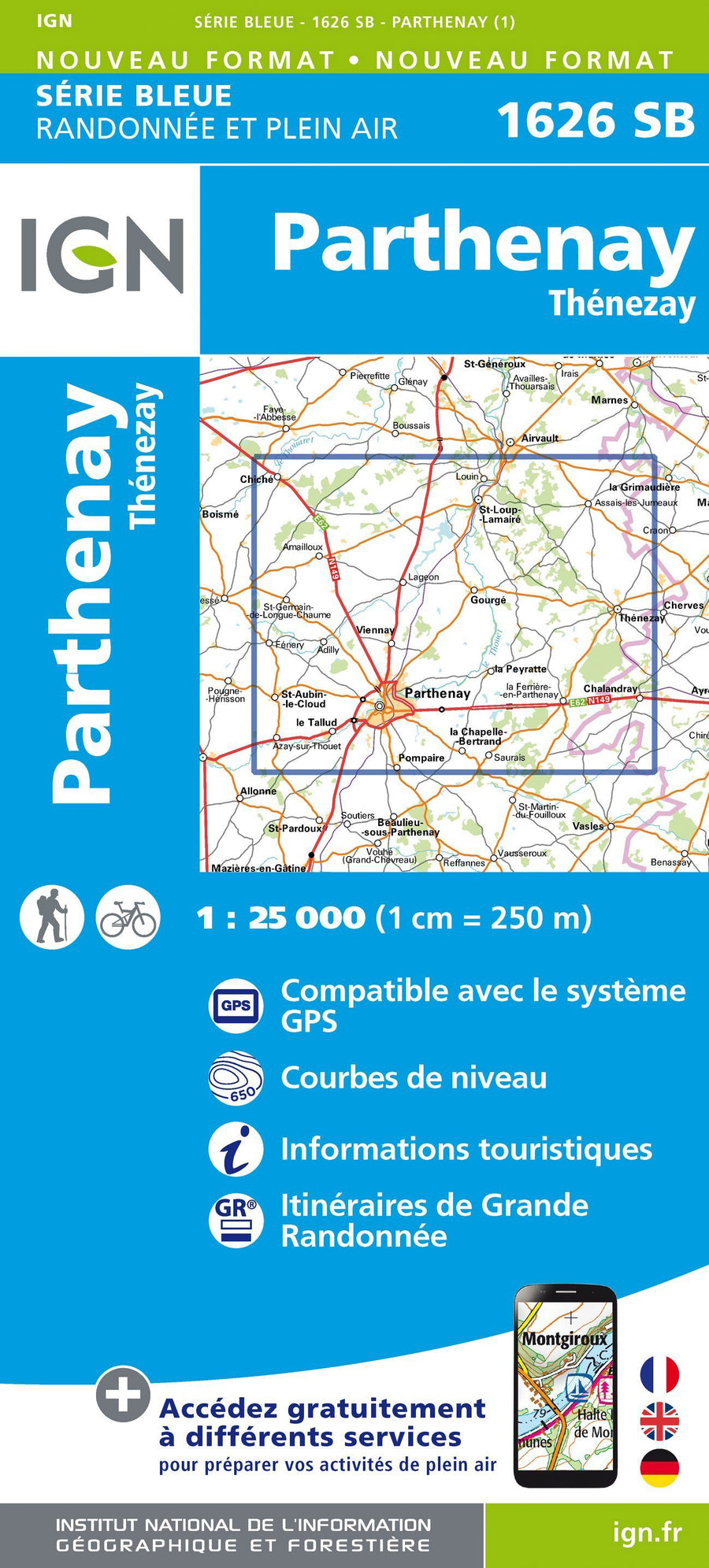 Carte de randonnée n° 1626 - Parthenay, Thénezay | IGN - Série Bleue carte pliée IGN 