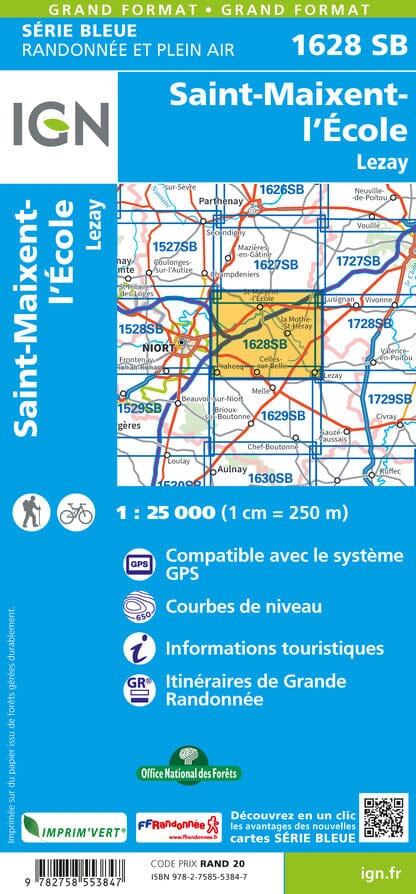 Carte de randonnée n° 1628 - St-Maixent-l'Ecole, Lezay | IGN - Série Bleue carte pliée IGN 