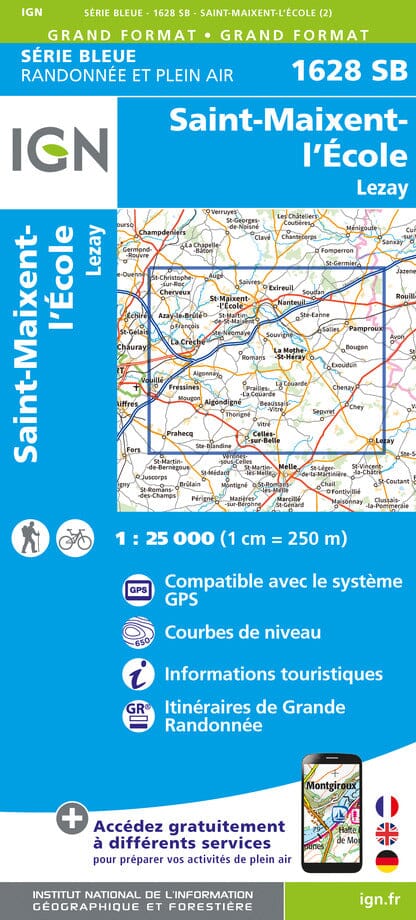 Carte de randonnée n° 1628 - St-Maixent-l'Ecole, Lezay | IGN - Série Bleue carte pliée IGN 