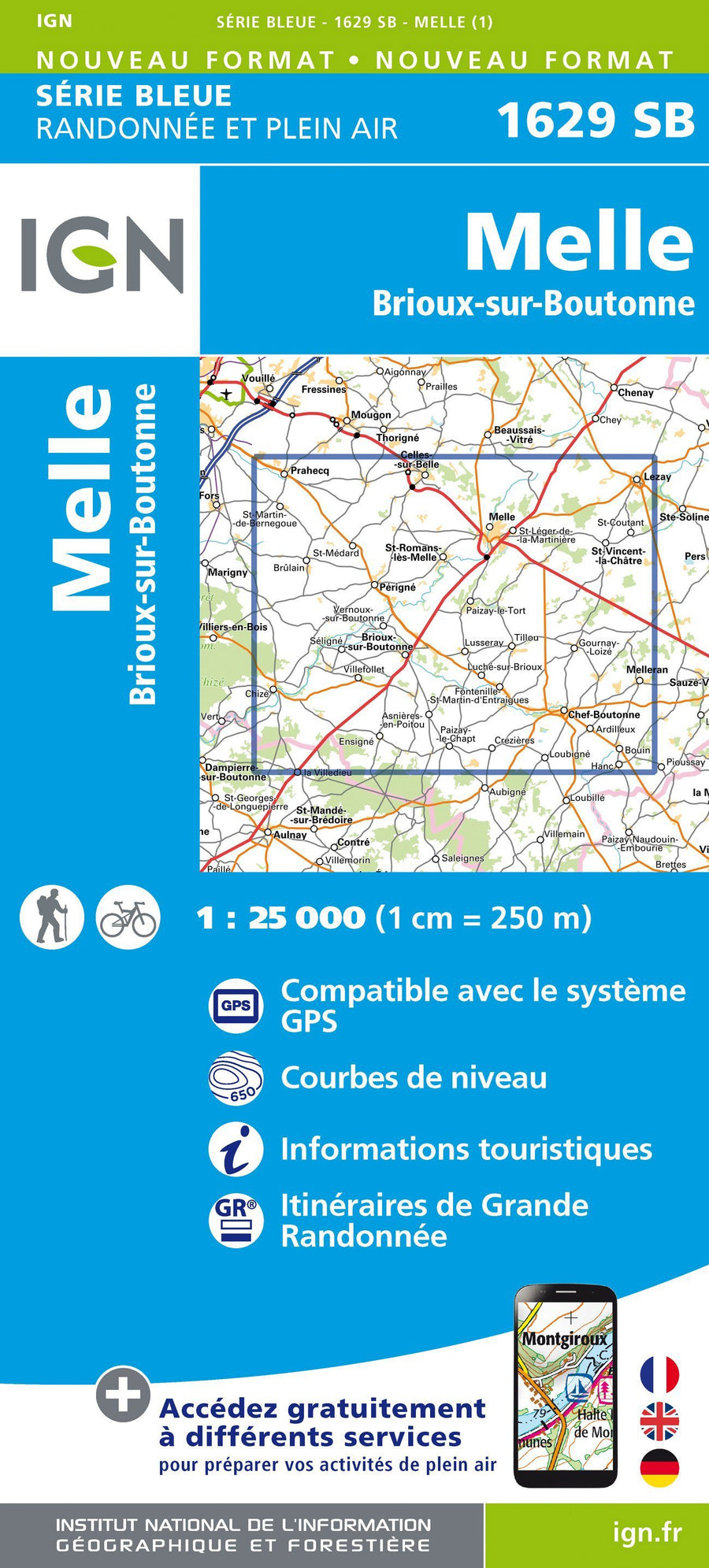 Carte de randonnée n° 1629 - Melle, Brioux-sur-Boutonne | IGN - Série Bleue carte pliée IGN 
