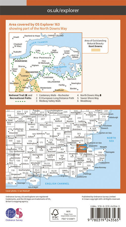 Carte de randonnée n° 163 - Gravesend, Rochester (Grande Bretagne) | Ordnance Survey - Explorer carte pliée Ordnance Survey Papier 