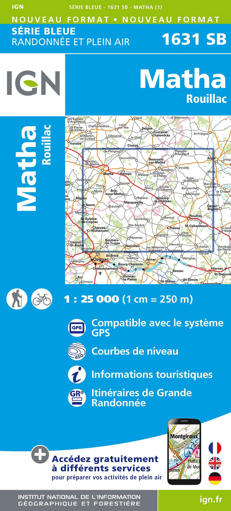 Carte de randonnée n° 1631 - Matha, Rouillac | IGN - Série Bleue carte pliée IGN 