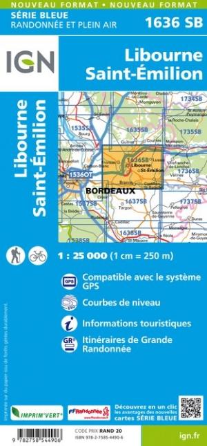 Carte de randonnée n° 1636 - Libourne, Saint-Emilion | IGN - Série Bleue carte pliée IGN 
