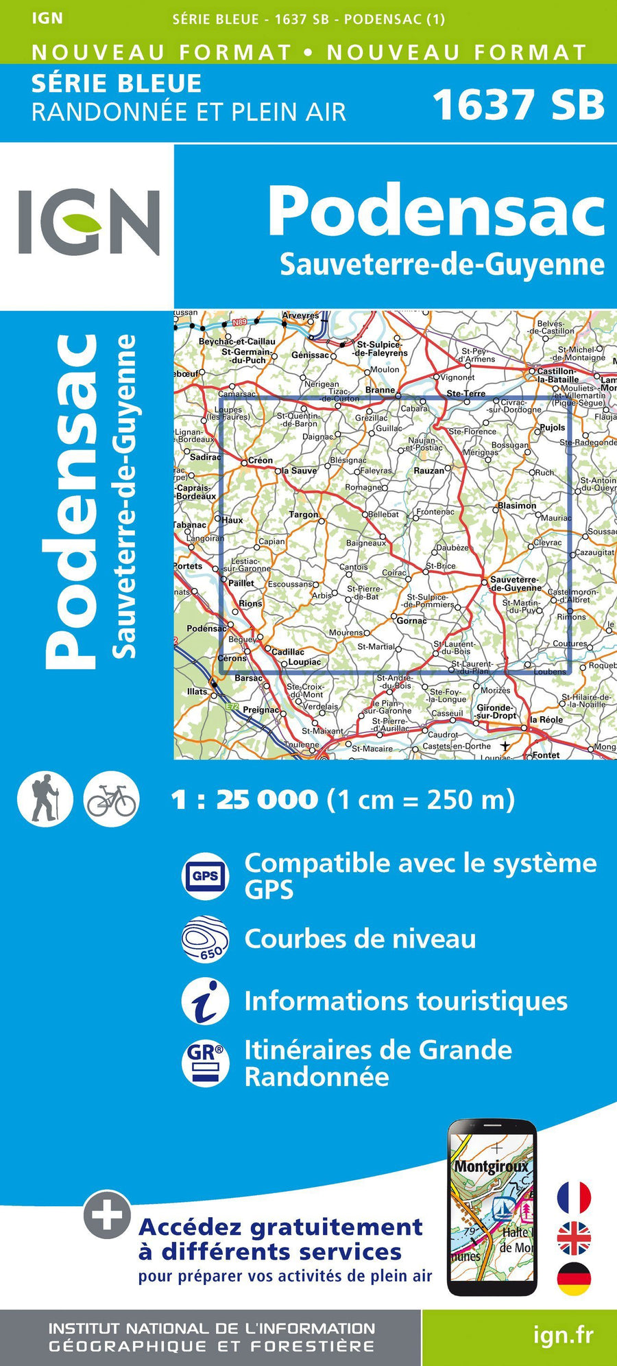 Carte de randonnée n° 1637 - Podensac, Sauveterre-de-Guyenne | IGN - Série Bleue carte pliée IGN 