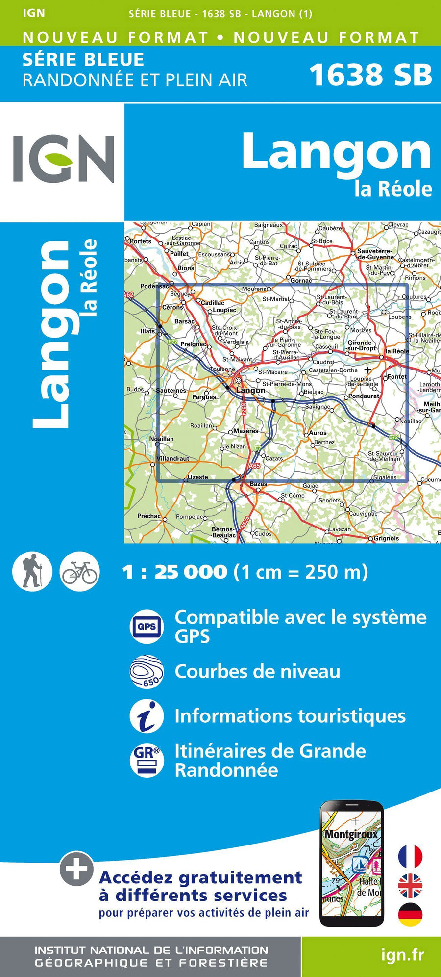 Carte de randonnée n° 1638 - Langon, La Réole | IGN - Série Bleue carte pliée IGN 