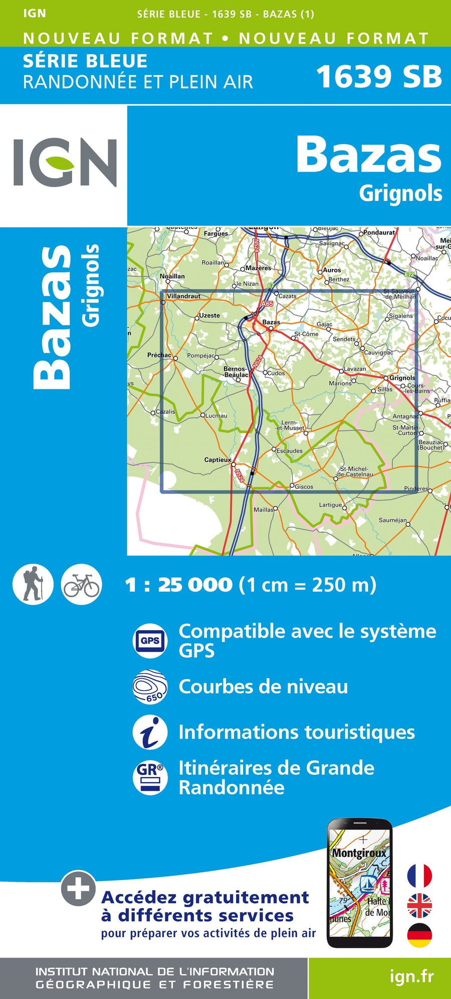 Carte de randonnée n° 1639 - Bazas, Grignols | IGN - Série Bleue carte pliée IGN 