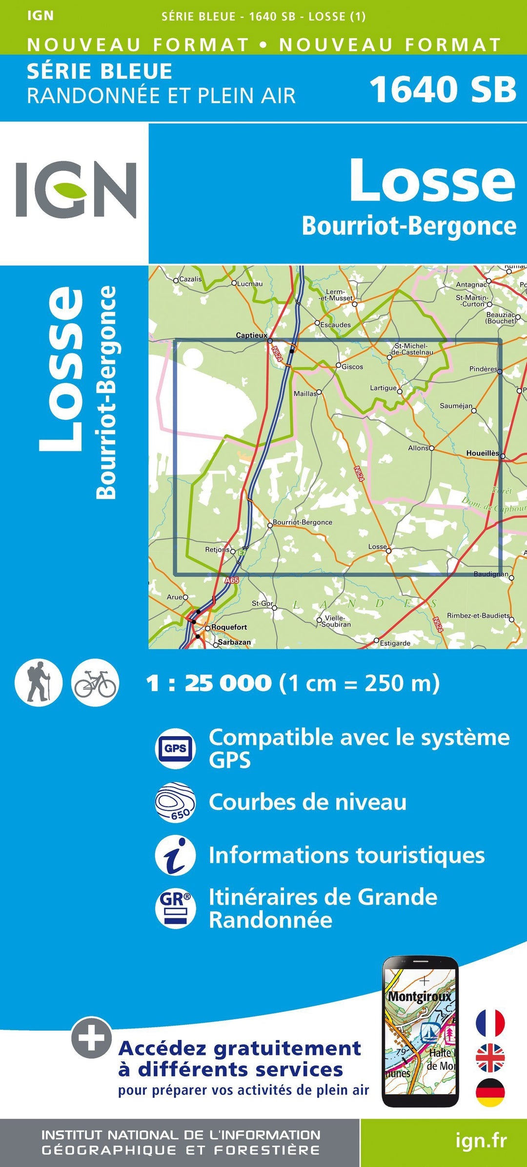 Carte de randonnée n° 1640 - Losse, Bourriot-Bergonce | IGN - Série Bleue carte pliée IGN 