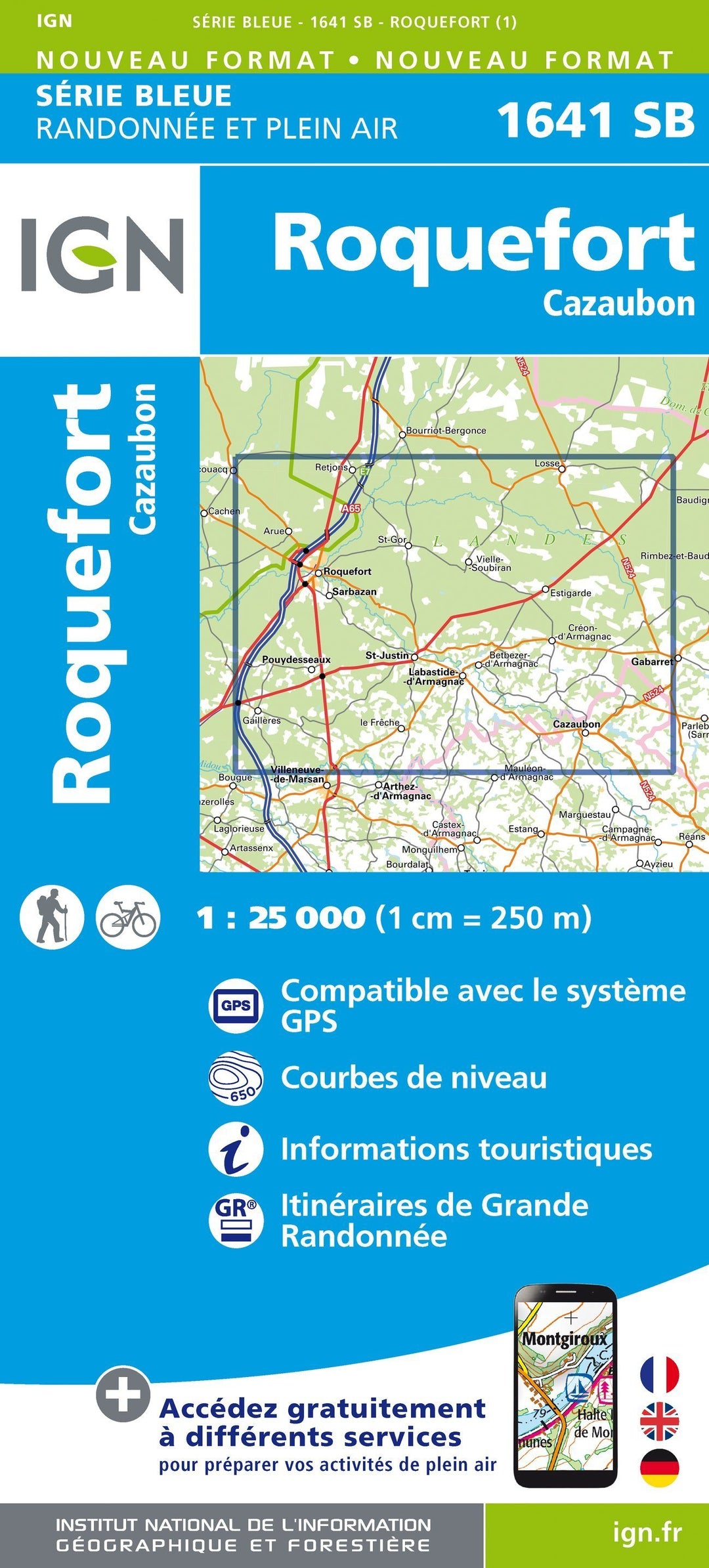 Carte de randonnée n° 1641 - Roquefort, Cazaubon | IGN - Série Bleue carte pliée IGN 