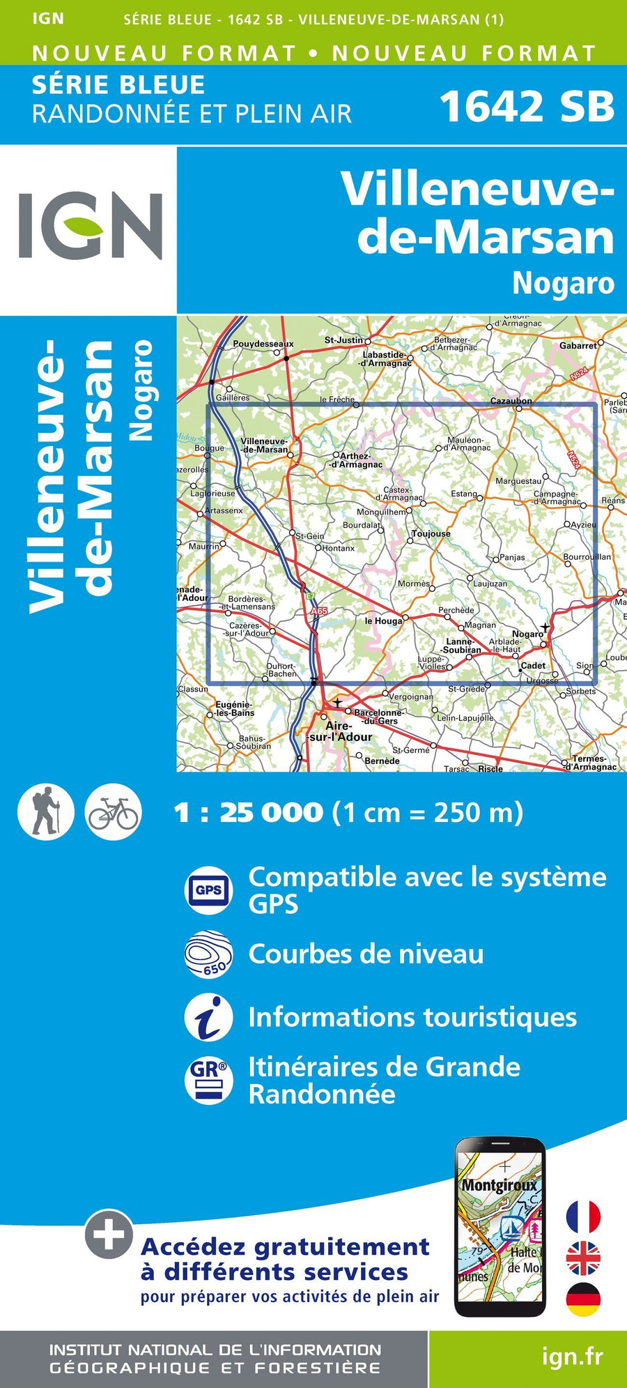 Carte de randonnée n° 1642 - Villeneuve-de-Marsan, Nogaro | IGN - Série Bleue carte pliée IGN 