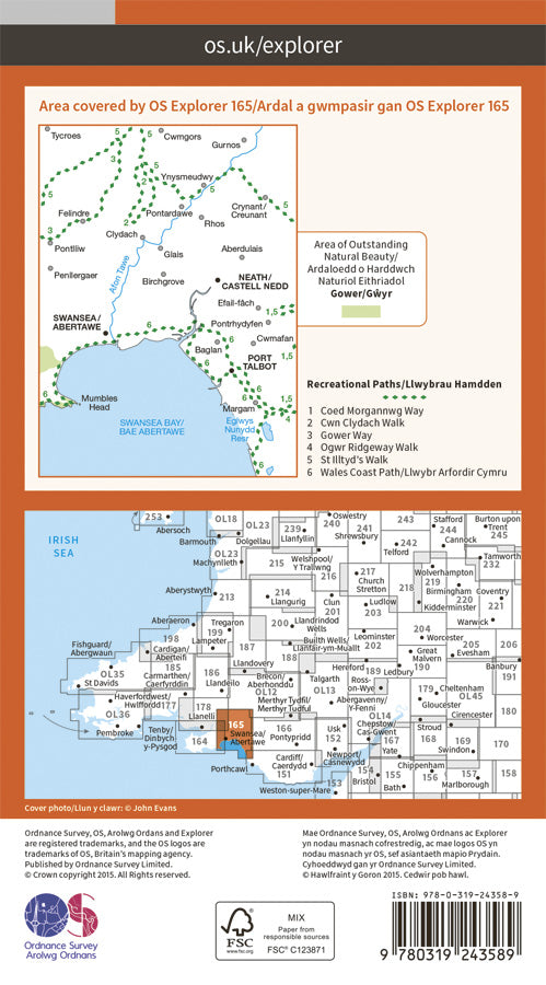 Carte de randonnée n° 165 - Swansea, Abertawe (Grande Bretagne) | Ordnance Survey - Explorer carte pliée Ordnance Survey Papier 