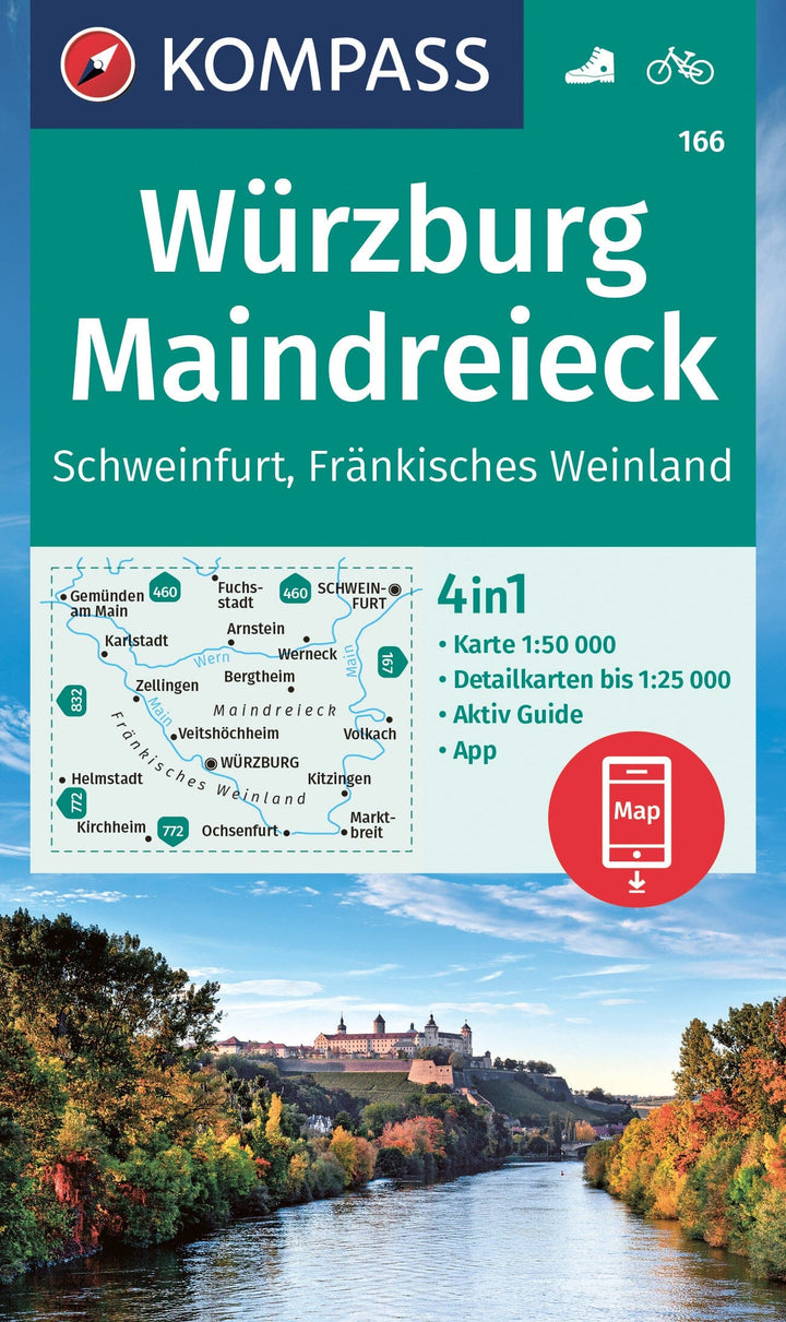 Carte de randonnée n° 166 - Würzburg, Maindreieck, Schweinfurt, Fränkisches Weinland (Allemagne) | Kompass carte pliée Kompass 