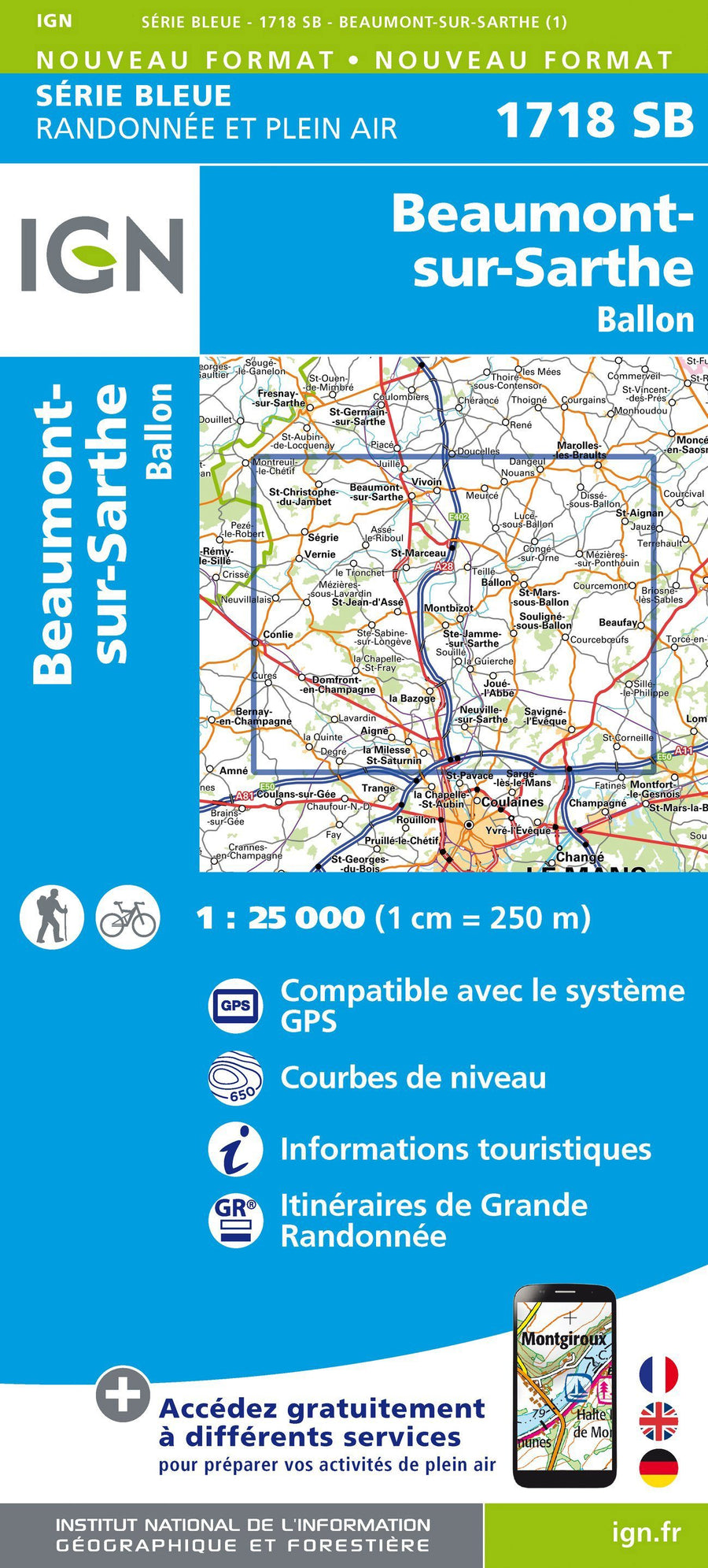 Carte de randonnée n° 1718 - Beaumont-sur-Sarthe, Ballon | IGN - Série Bleue carte pliée IGN 